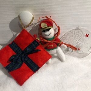 Set of 3 Unique Christmas Ornaments, Soldier, Gift, And Winter Tree Scene